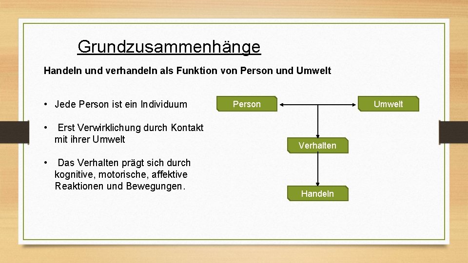 Grundzusammenhänge Handeln und verhandeln als Funktion von Person und Umwelt • Jede Person ist