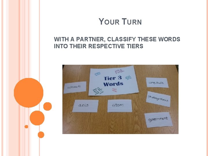 YOUR TURN WITH A PARTNER, CLASSIFY THESE WORDS INTO THEIR RESPECTIVE TIERS 