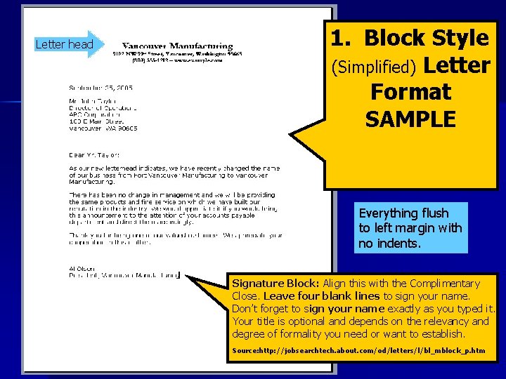 Letter head 1. Block Style (Simplified) Letter Format SAMPLE Everything flush to left margin