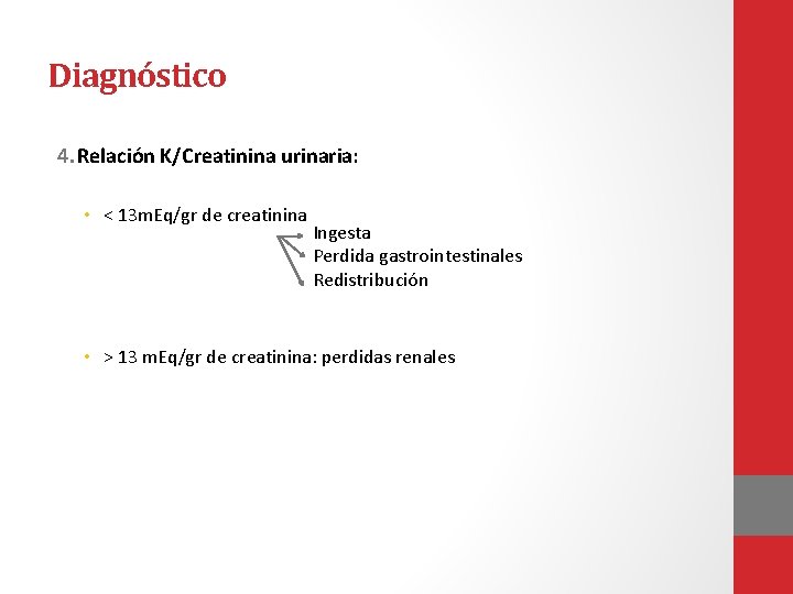 Diagnóstico 4. Relación K/Creatinina urinaria: • < 13 m. Eq/gr de creatinina Ingesta Perdida