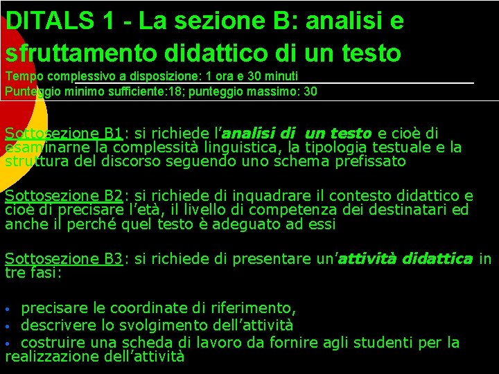 DITALS 1 - La sezione B: analisi e sfruttamento didattico di un testo Tempo