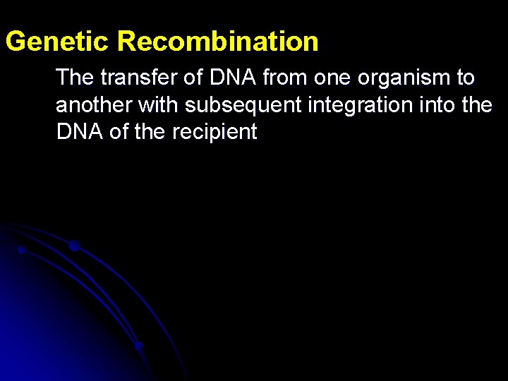 Genetic Recombination The transfer of DNA from one organism to another with subsequent integration