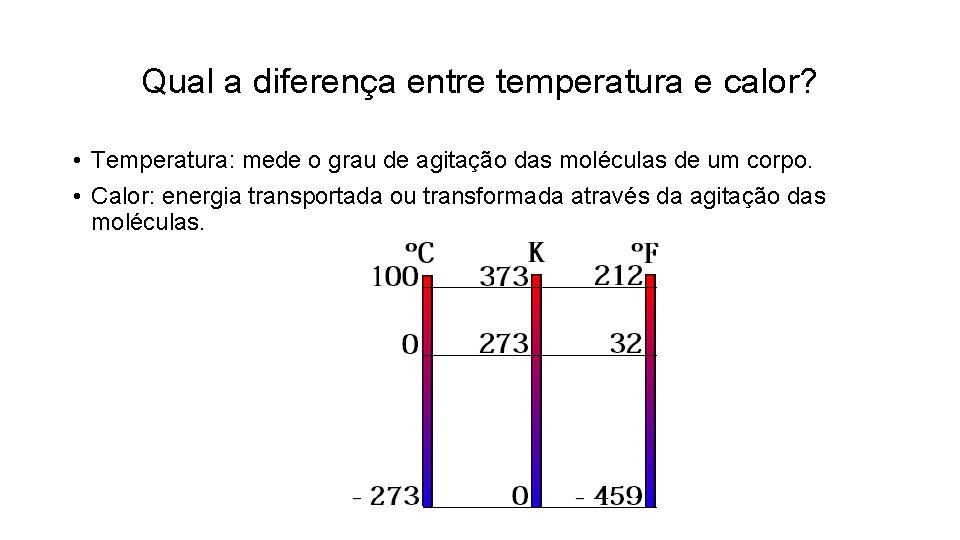 Qual a diferença entre temperatura e calor? • Temperatura: mede o grau de agitação