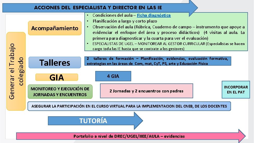 ACCIONES DEL ESPECIALISTA Y DIRECTOR EN LAS IE Generar el Trabajo colegiado Acompañamiento •