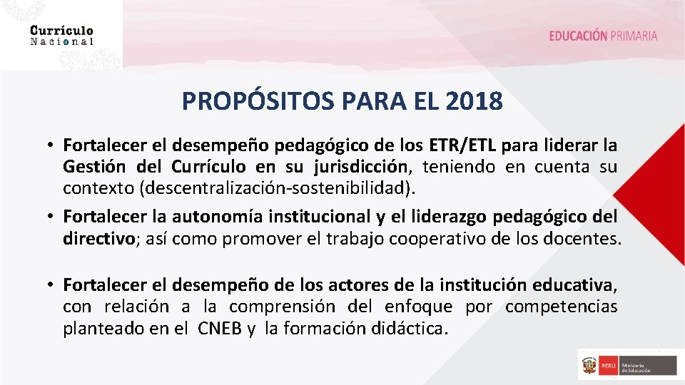 PROPÓSITOS PARA EL 2018 • Fortalecer el desempeño pedagógico de los ETR/ETL para liderar