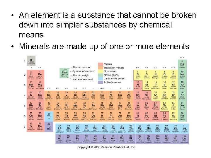  • An element is a substance that cannot be broken down into simpler