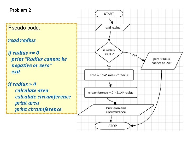 Problem 2 Pseudo code: read radius if radius <= 0 print “Radius cannot be Problem 2 Pseudo code: read radius if radius <= 0 print “Radius cannot be