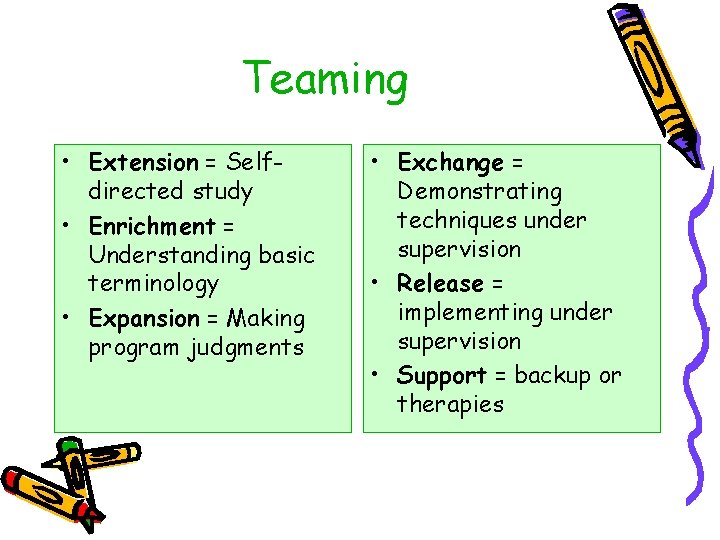 Teaming • Extension = Selfdirected study • Enrichment = Understanding basic terminology • Expansion