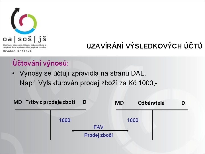 UZAVÍRÁNÍ VÝSLEDKOVÝCH ÚČTŮ Účtování výnosů: • Výnosy se účtují zpravidla na stranu DAL. Např.