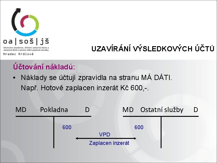 UZAVÍRÁNÍ VÝSLEDKOVÝCH ÚČTŮ Účtování nákladů: • Náklady se účtují zpravidla na stranu MÁ DÁTI.