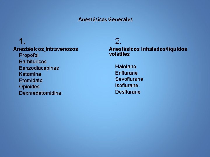 Anestésicos Generales 1. Anestésicos Intravenosos Propofol Barbitúricos Benzodiacepinas Ketamina Etomidato Opioides Dexmedetomidina 2. Anestésicos