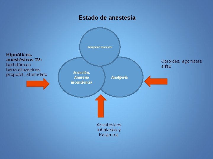 Estado de anestesia Relajación muscular Hipnóticos, anestésicos IV: barbitúricos benzodiazepinas propofol, etomidato Opioides, agonistas