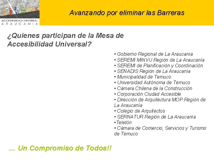 Avanzando por eliminar las Barreras ¿Quienes participan de la Mesa de Accesibilidad Universal? •