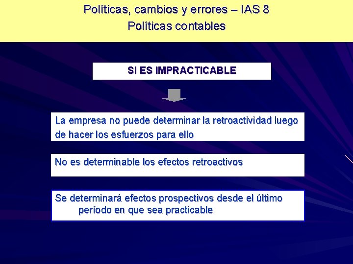 Políticas, cambios y errores – IAS 8 Políticas contables SI ES IMPRACTICABLE La empresa