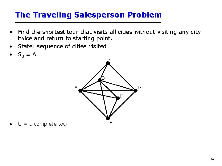 The Traveling Salesperson Problem • Find the shortest tour that visits all cities without