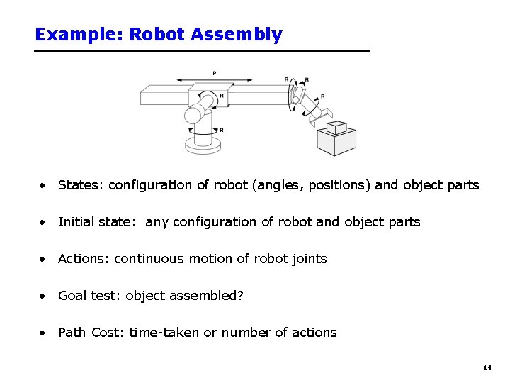 Example: Robot Assembly • States: configuration of robot (angles, positions) and object parts •