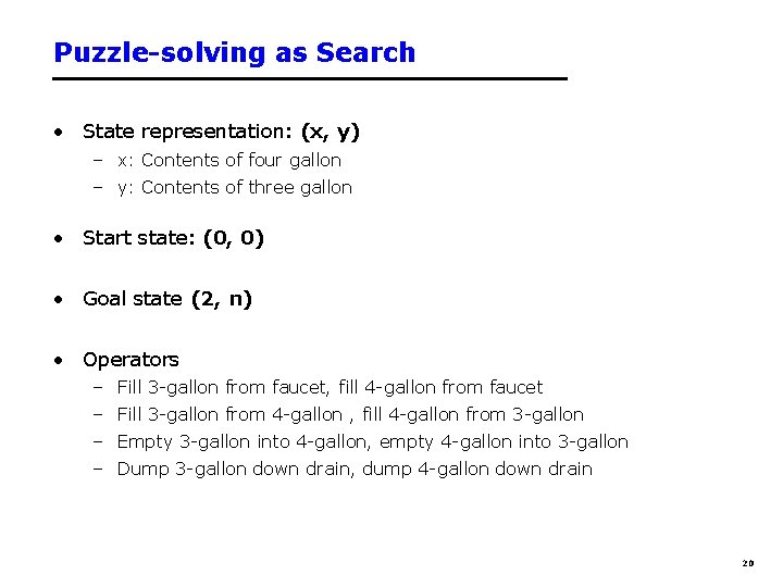 Puzzle-solving as Search • State representation: (x, y) – x: Contents of four gallon