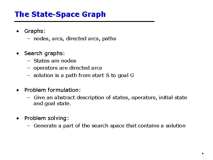 The State-Space Graph • Graphs: – nodes, arcs, directed arcs, paths • Search graphs: