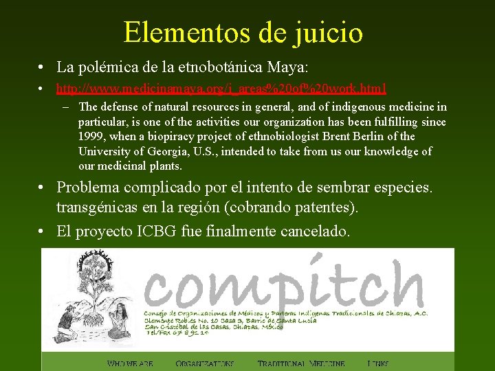 Elementos de juicio • La polémica de la etnobotánica Maya: • http: //www. medicinamaya.