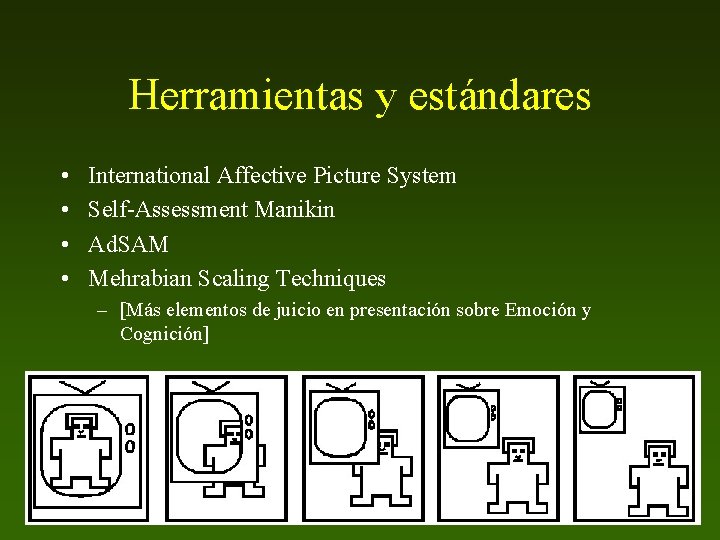 Herramientas y estándares • • International Affective Picture System Self-Assessment Manikin Ad. SAM Mehrabian
