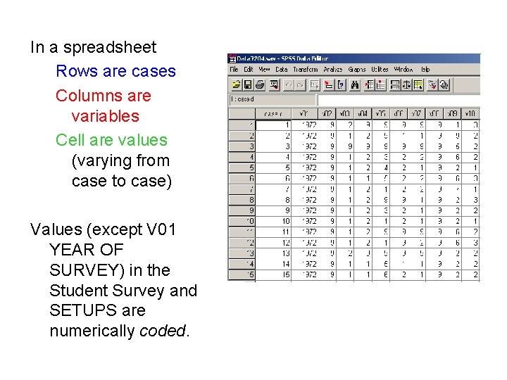 In a spreadsheet Rows are cases Columns are variables Cell are values (varying from