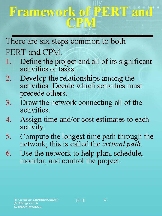 Framework of PERT and CPM There are six steps common to both PERT and