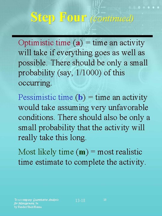 Step Four (continued) Optimistic time (a) = time an activity will take if everything