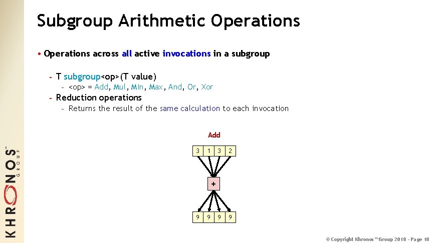 Subgroup Arithmetic Operations • Operations across all active invocations in a subgroup - T