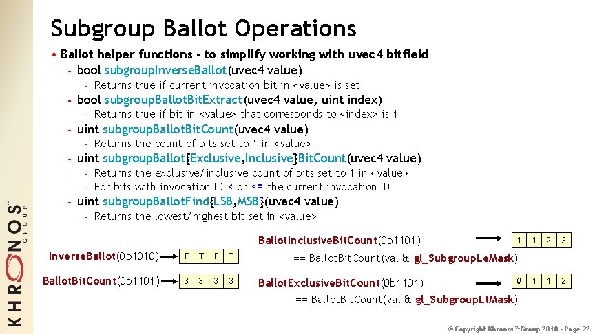 Subgroup Ballot Operations • Ballot helper functions – to simplify working with uvec 4