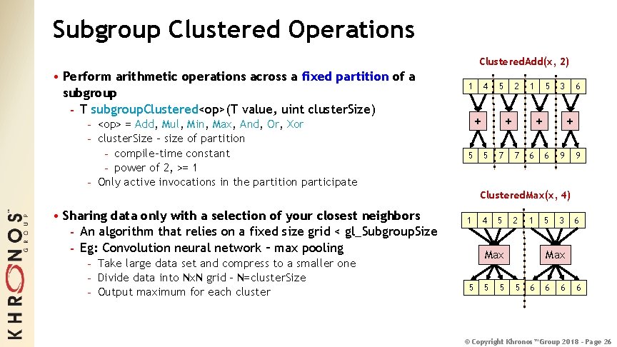 Subgroup Clustered Operations Clustered. Add(x, 2) • Perform arithmetic operations across a fixed partition