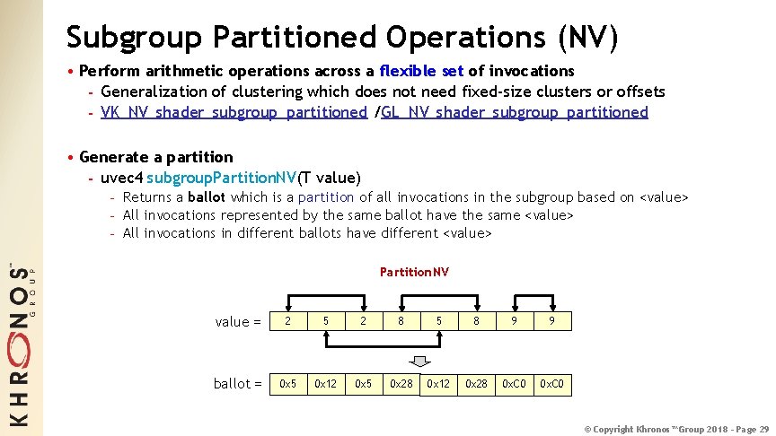 Subgroup Partitioned Operations (NV) • Perform arithmetic operations across a flexible set of invocations
