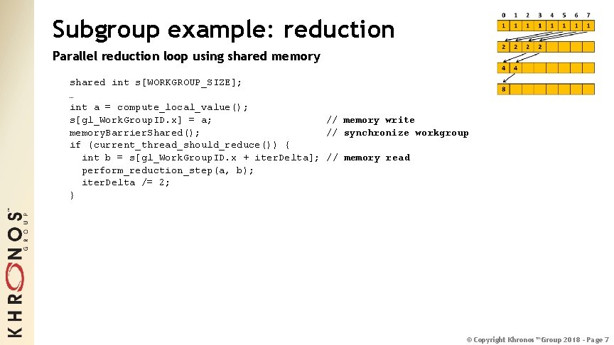 Subgroup example: reduction Parallel reduction loop using shared memory shared int s[WORKGROUP_SIZE]; … int