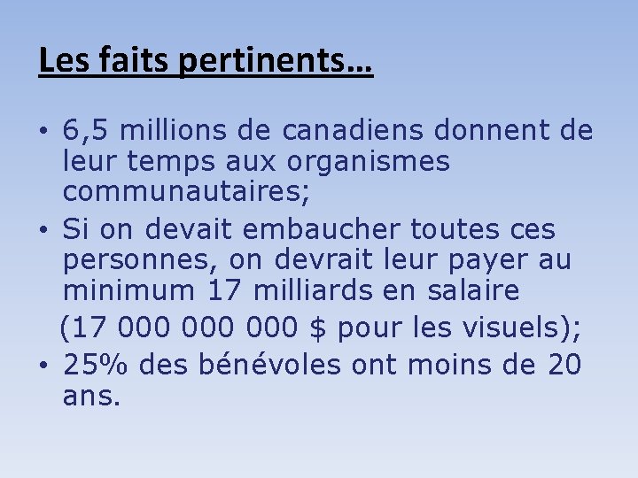 Les faits pertinents… • 6, 5 millions de canadiens donnent de leur temps aux