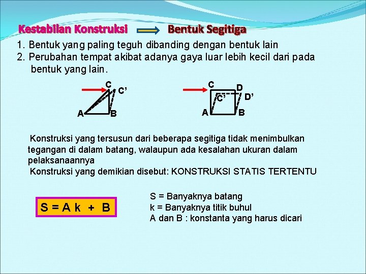 Kestabilan Konstruksi Bentuk Segitiga 1. Bentuk yang paling teguh dibanding dengan bentuk lain 2.