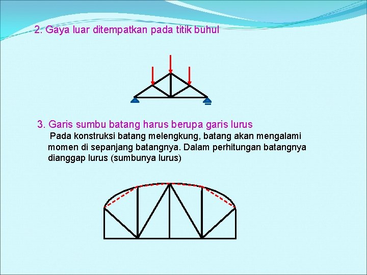 2. Gaya luar ditempatkan pada titik buhul 3. Garis sumbu batang harus berupa garis