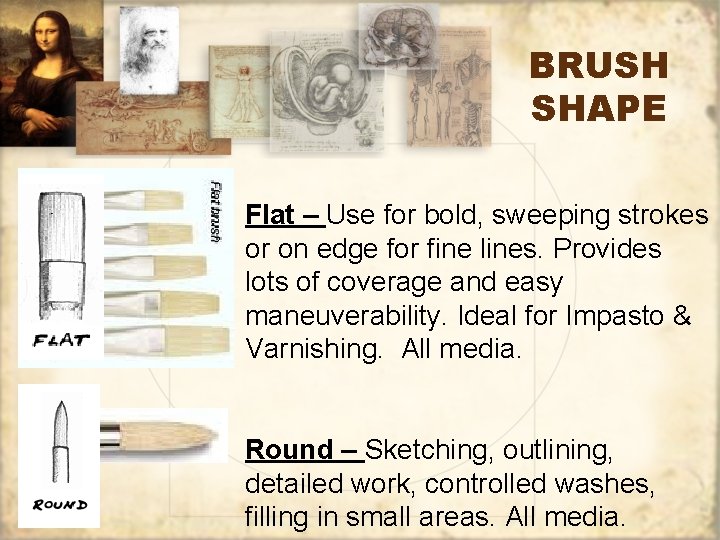 BRUSH SHAPE Flat – Use for bold, sweeping strokes or on edge for fine