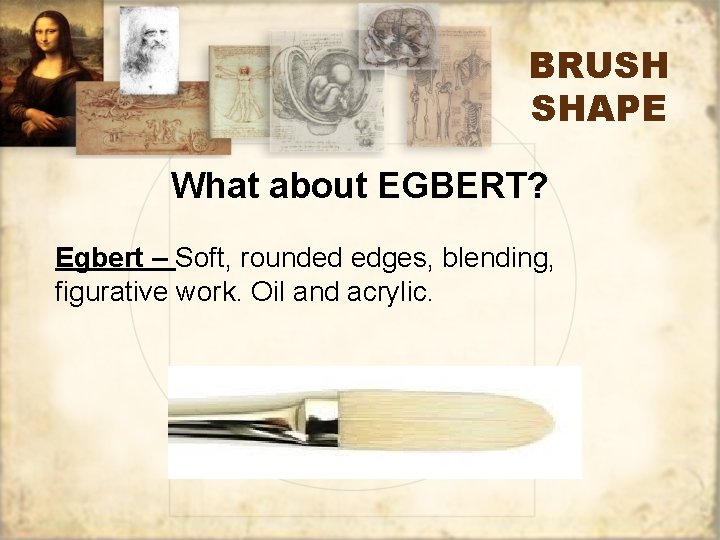 BRUSH SHAPE What about EGBERT? Egbert – Soft, rounded edges, blending, figurative work. Oil