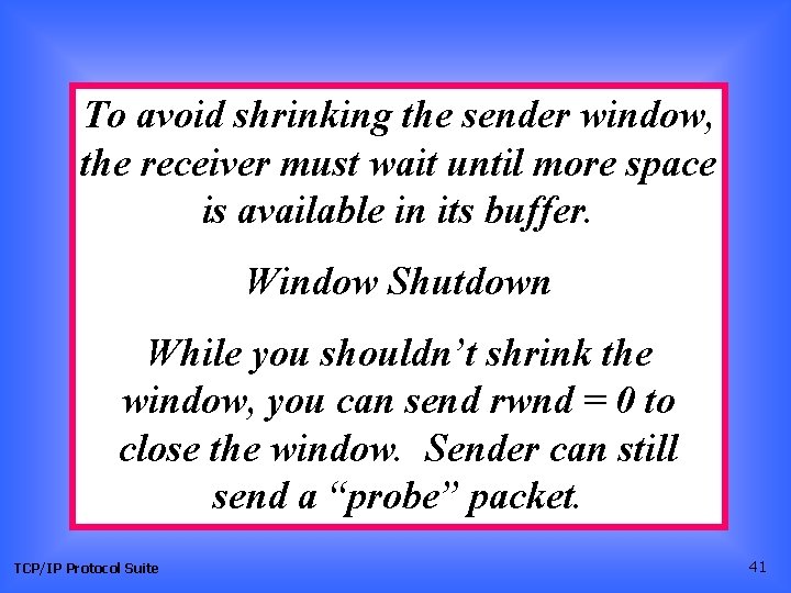 To avoid shrinking the sender window, the receiver must wait until more space is To avoid shrinking the sender window, the receiver must wait until more space is