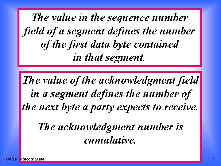 The value in the sequence number field of a segment defines the number of