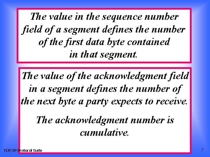 The value in the sequence number field of a segment defines the number of The value in the sequence number field of a segment defines the number of