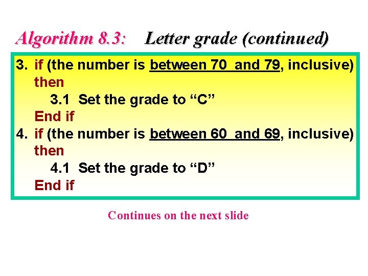 Algorithm 8. 3: Letter grade (continued) 3. if (the number is between 70 and