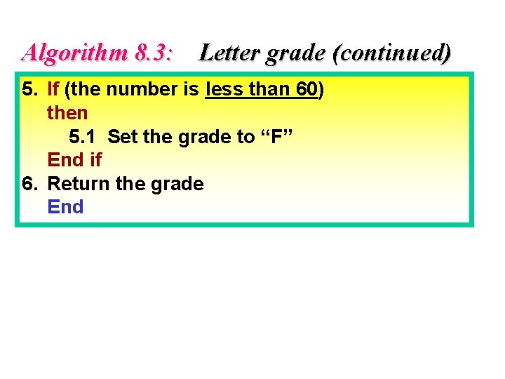 Algorithm 8. 3: Letter grade (continued) 5. If (the number is less than 60)