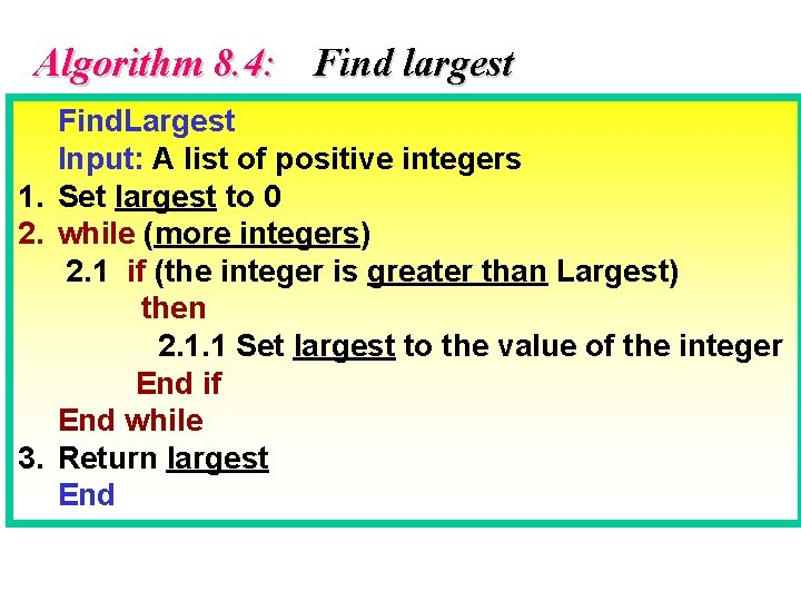 Algorithm 8. 4: Find largest Find. Largest Input: A list of positive integers 1.