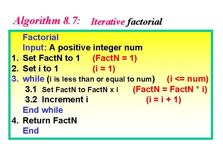 Algorithm 8. 7: Iterative factorial 1. 2. 3. 4. Factorial Input: A positive integer