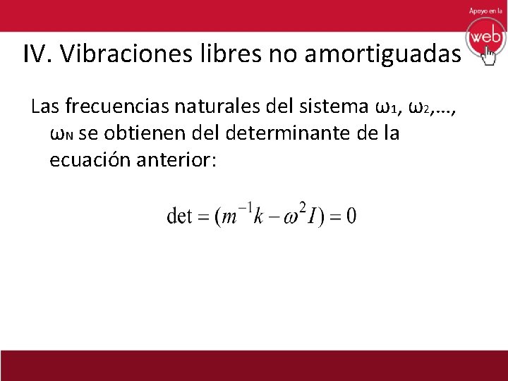 IV. Vibraciones libres no amortiguadas Las frecuencias naturales del sistema ω1, ω2, …, ωN