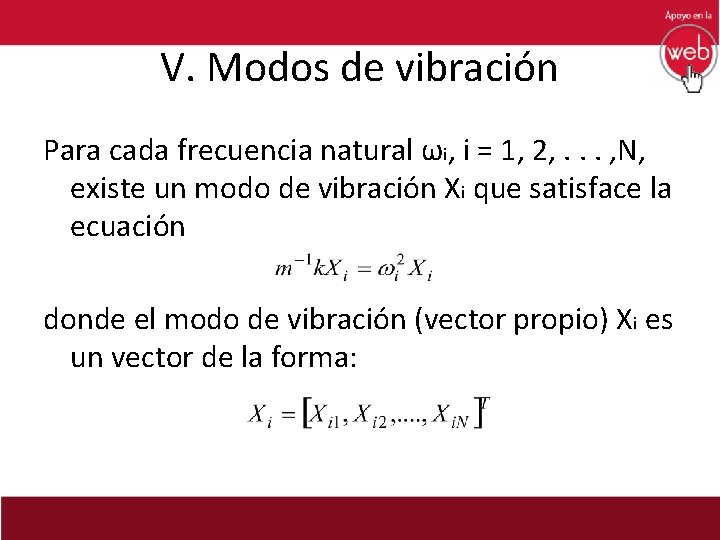 V. Modos de vibración Para cada frecuencia natural ωi, i = 1, 2, .