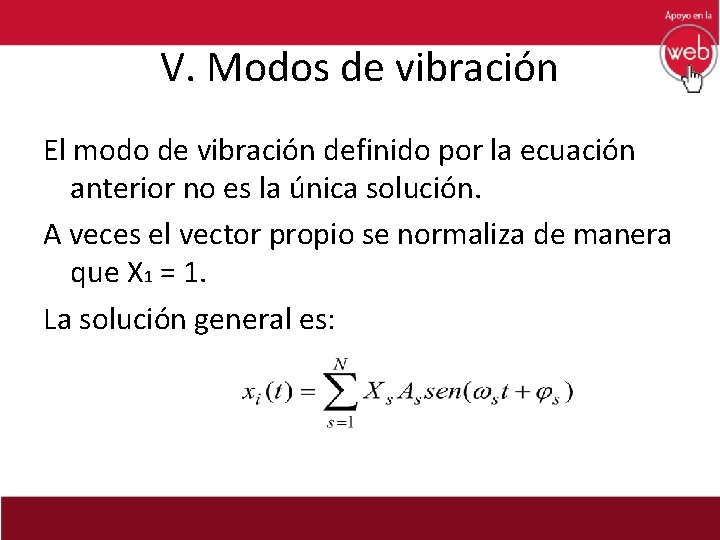 V. Modos de vibración El modo de vibración definido por la ecuación anterior no