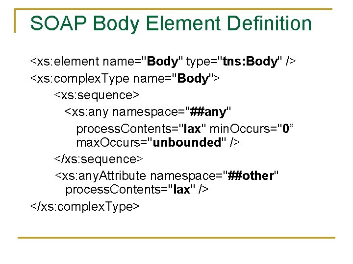 SOAP Body Element Definition <xs: element name="Body" type="tns: Body" /> <xs: complex. Type name="Body">
