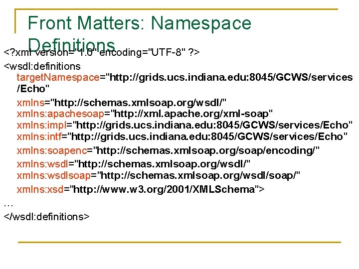 Front Matters: Namespace <? xml. Definitions version="1. 0" encoding="UTF-8" ? > <wsdl: definitions target.