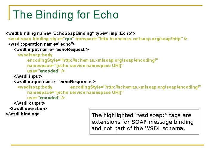 The Binding for Echo <wsdl: binding name="Echo. Soap. Binding" type="impl: Echo"> <wsdlsoap: binding style="rpc"